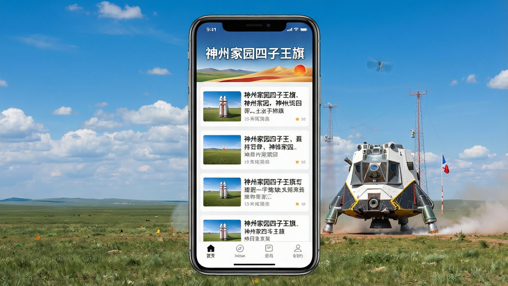 一幅展现神舟家园四子王旗软件界面的手机展示图,画面中央是一部竖屏智能手机,屏幕内呈现资讯首页布局,顶部有“神舟家园四子王旗”字样横幅,中部为新闻卡片列表,底部为导航栏,手机背景为四子王旗草原与神舟飞船返回舱着陆的辽阔场景,蓝天白云,风格写实清新,细节丰富,画质高清,画面干净无多余元素