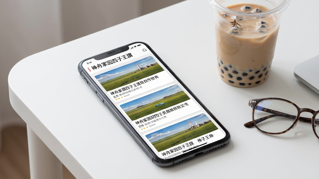 一张以“神舟家园四子王旗”软件资讯页面为主体的AI生图,画面展示手机屏幕内多条新闻卡片整齐排列,卡片配有四子王旗草原风光缩略图与标题文字,手机旁放置一杯奶茶与一副眼镜,桌面整洁,风格简约现代,光线柔和,画质清晰,画面干净无多余元素