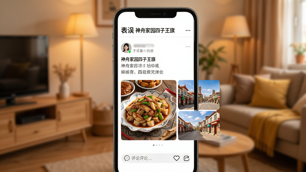 一张表现“神舟家园四子王旗”社区互动功能的生图,画面为手机屏幕内社区信息流界面,展示用户头像、动态文字与配图,配图为四子王旗特色美食与街景,屏幕下方有评论输入框,手机背景为暖色调室内环境,风格亲切自然,画质清晰,画面干净无多余元素