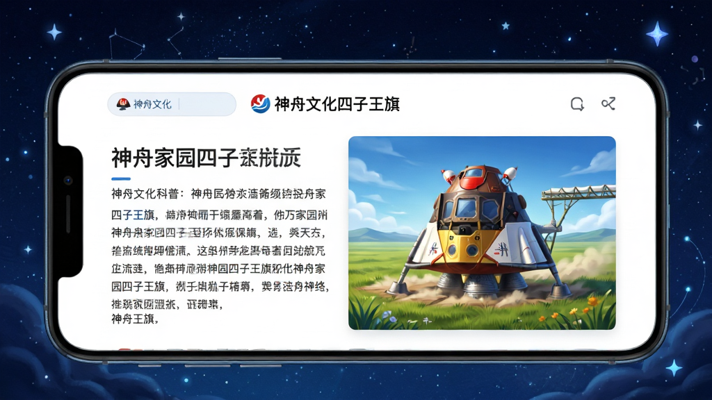 一幅以神舟文化科普为主题的“神舟家园四子王旗”软件界面生图,画面为手机屏幕展示航天科普文章页面,配有神舟飞船返回舱着陆草原的插图与文字说明,手机放置在深蓝色星空背景前,点缀少量星光元素,风格科技感与人文感兼具,画质高清,画面干净无多余元素