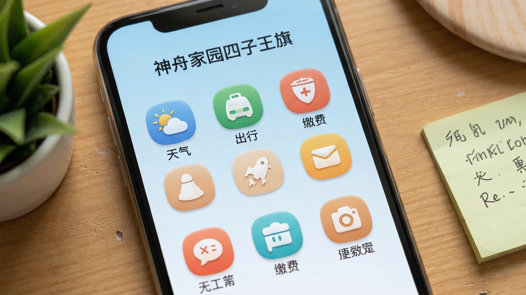 一幅展示“神舟家园四子王旗”便民服务功能的生图,画面为手机屏幕特写,屏幕内以图标网格形式排列天气、出行、缴费等服务入口,图标风格统一圆润,背景为淡蓝色渐变,手机放置在木质桌面上,旁边点缀绿植与便签纸,风格温馨实用,画质细腻,画面干净无多余元素