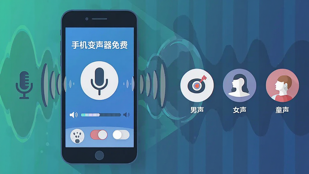 画面主体为一部手机与声波图形,手机屏幕显示“手机变声器免费”实时变声界面,声波从麦克风图标延伸至手机,旁边有男声、女声、童声三个圆形图标,布局为横向排列,风格为扁平化科技感,细节包括音量条与音色切换按钮,画质清晰干净,无多余元素