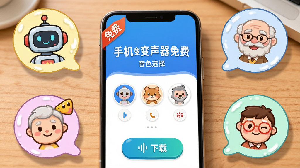 画面展示一部手机放置在桌面,屏幕显示“手机变声器免费”音色选择界面,周围有多个代表不同音色的卡通头像气泡,如机器人、小动物、老人等,布局为环绕式,风格为活泼卡通,细节包括免费标签与下载按钮,画质明亮干净,无杂乱背景