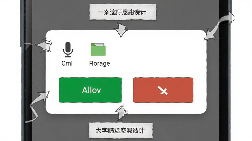 画面展示一部安卓手机屏幕弹出权限请求对话框,对话框中有麦克风与存储图标,旁边有绿色允许按钮与红色拒绝按钮,手机周围有提示标签与箭头指示,布局为居中特写,风格为说明性插画,细节清晰,画质干净,无多余背景元素