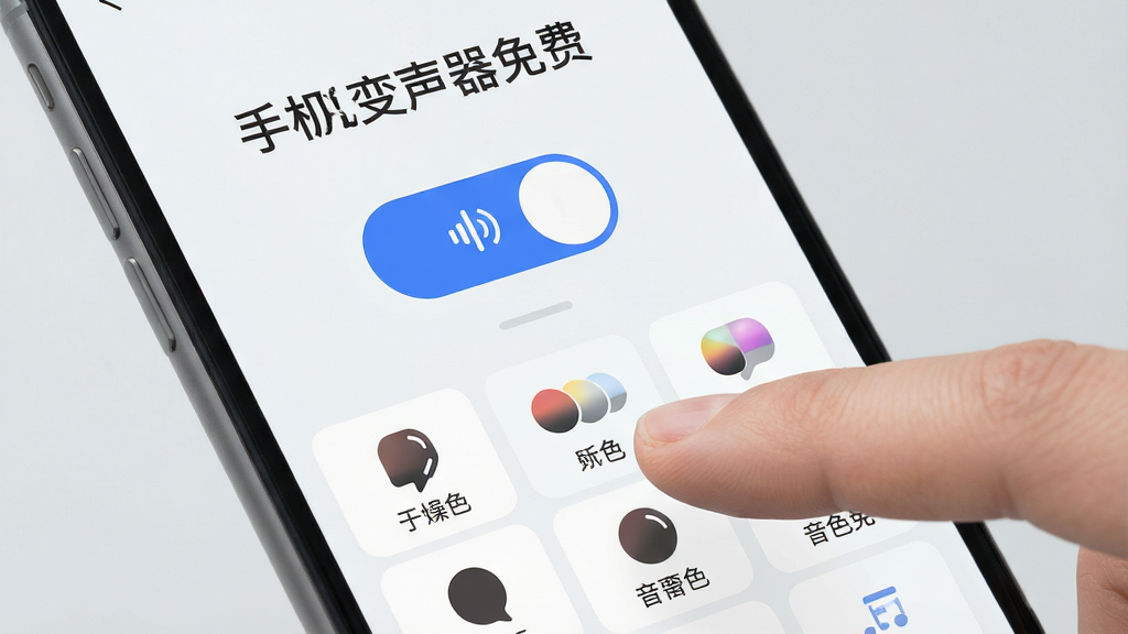 画面为手机界面特写,屏幕显示“手机变声器免费”主操作页面,界面中有醒目的变声开关按钮与音色列表,一只手指正在点击屏幕,背景简洁浅灰,风格为现代简约,细节包括清晰的图标与文字标签,画质干净高清,无多余装饰