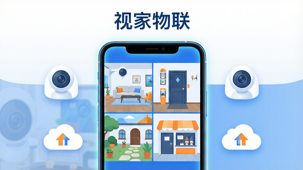 画面主体是一部智能手机居中竖放,屏幕内显示四宫格监控画面,包含球型摄像头拍摄的客厅、门口、庭院与店铺场景,手机两侧漂浮着简洁的摄像头图标与云朵存储符号;布局采用中心对称,上方留白放置标题文字