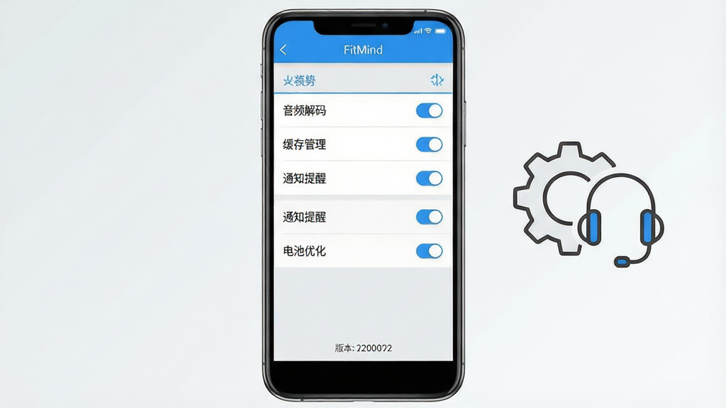 一张展示FitMind应用设置界面的手机截图风格效果图,画面中央为一部手机,屏幕内显示设置页面,包含“音频解码”“缓存管理”“通知提醒”“电池优化”等选项条目,顶部有“FitMind”字样,页面底部有版本号信息,手机右侧漂浮着一个齿轮与耳机组合的简笔图标,布局为手机居中、图标点缀,风格为清爽的工具类界面展示风,色调以浅灰、白色与蓝色点缀为主,细节包括清晰的列表分隔线、开关控件与图标线条,画质干净清晰,无多余元素