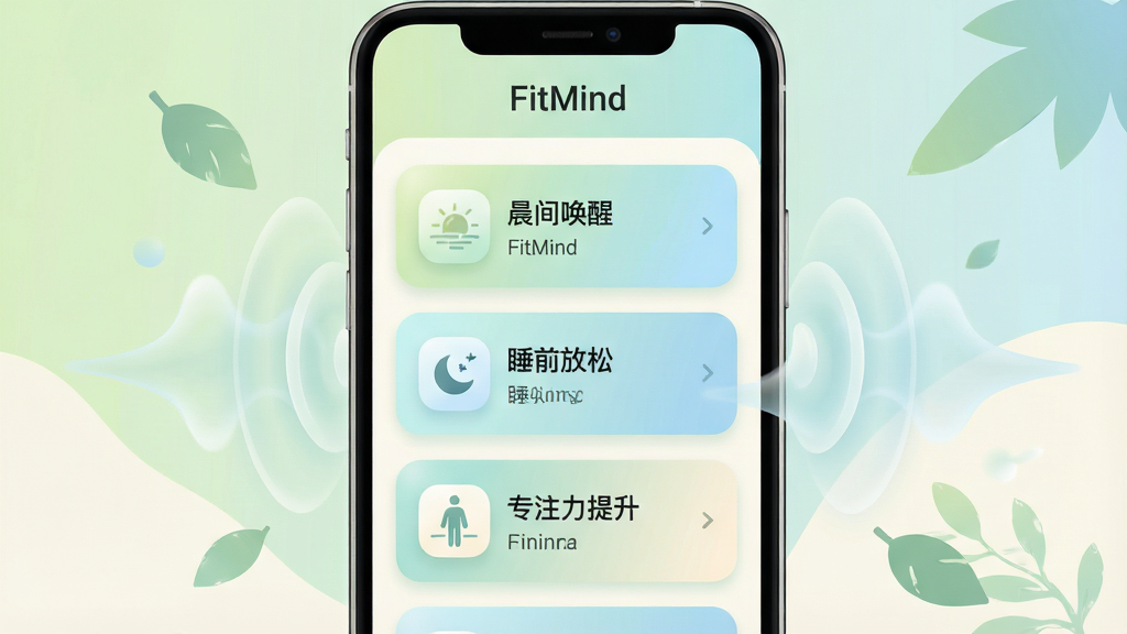 一张表现FitMind冥想课程界面的手机应用场景图,画面主体为一部手机,屏幕内展示课程列表页面,顶部有“FitMind”字样,列表项包含“晨间唤醒”“睡前放松”“专注力提升”等课程卡片,每张卡片配有柔和的渐变底色与小图标,手机周围漂浮着半透明的呼吸波纹与树叶剪影装饰元素,布局为手机居中、装饰元素环绕四周,风格为清新治愈的插画风,色调以淡绿、浅蓝与米白为主,细节包括细腻的卡片圆角、柔光效果与清晰的文字排版,画质干净清晰,无多余元素