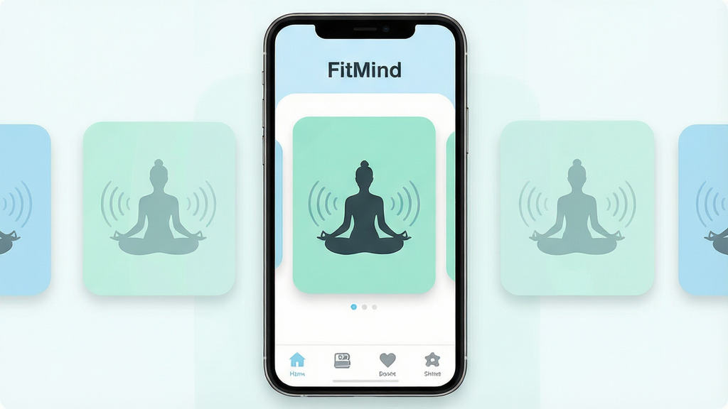 一张展示FitMind应用主界面的手机屏幕效果图,画面中央是一部竖屏智能手机,屏幕内显示FitMind应用的首页,页面顶部有“FitMind”文字标识,中部为课程卡片轮播区域,卡片上绘制着冥想人物剪影与呼吸波纹图形,底部为导航栏图标,整体布局居中对称,风格为清新简约的扁平化设计,色调以浅蓝、薄荷绿与白色为主,细节包括柔和的圆角卡片、细腻的阴影层次与清晰的图标线条,画质清晰干净,无多余元素