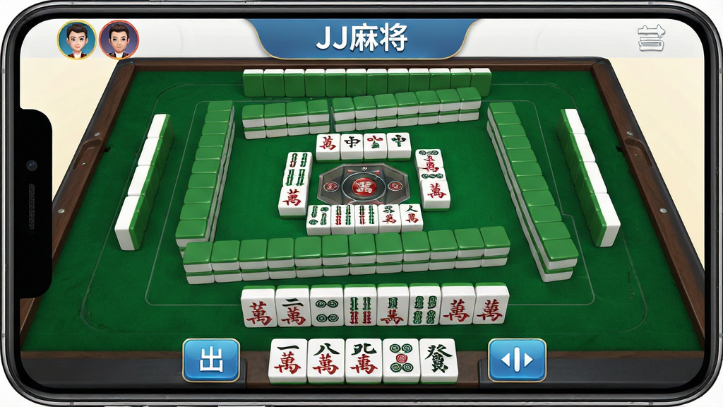 一张展示JJ麻将游戏主界面的手机截图,画面中央是写实的绿色麻将桌桌面,整齐码放着万、条、筒等麻将牌,界面顶部显示“JJ麻将”字样与玩家头像,底部为出牌操作按钮,整体风格明亮清爽,细节丰富,画质清晰,干净无多余元素