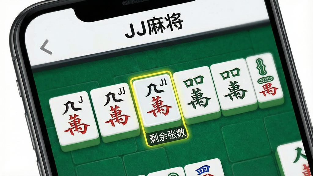 一张手机屏幕特写图,画面中显示JJ麻将的牌桌界面,手牌区域有高亮的听牌提示文字与剩余张数标注,界面顶部有“JJ麻将”字样,风格简洁直观,布局清晰,画质锐利,干净无多余元素