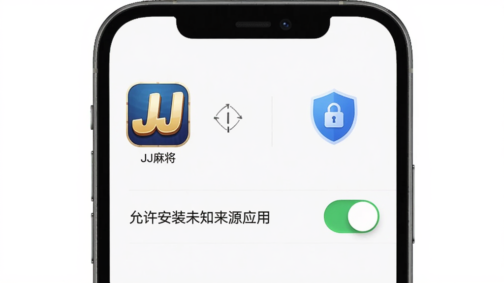 一部手机屏幕显示JJ麻将的安装权限设置界面,画面中有“允许安装未知来源应用”的开关按钮与“JJ麻将”图标,旁边配有盾牌安全图标,风格简洁明了,布局清晰,画质干净,无多余元素