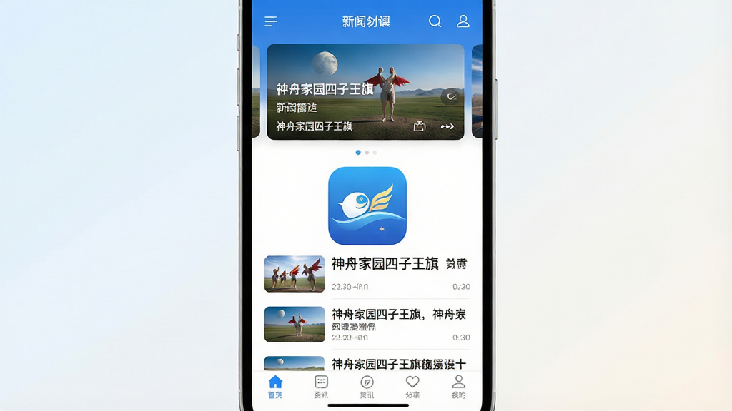 一张手机屏幕展示资讯类应用首页的画面,画面中央清晰显示“神舟家园四子王旗”应用名称与图标,首页布局包含顶部轮播图、新闻列表与底部导航栏,整体采用蓝白配色,风格简洁现代,背景为浅色渐变,干净无多余元素,高清画质