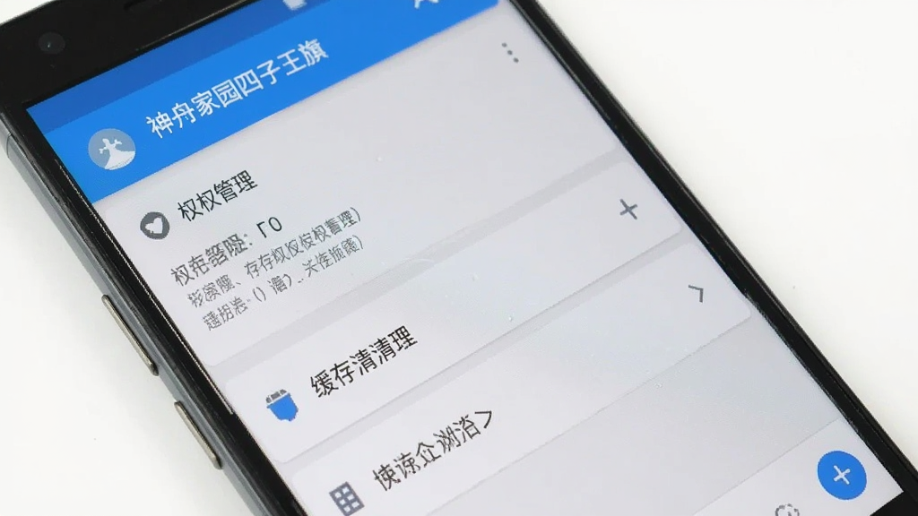 一部安卓手机屏幕显示“神舟家园四子王旗”应用设置界面,画面中包含权限管理、缓存清理等选项,界面风格扁平化,配色以蓝白灰为主,背景干净整洁,高清画质