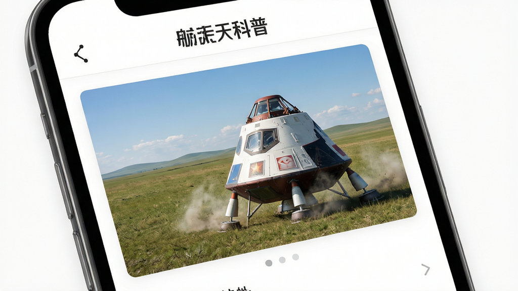 手机应用内航天科普专栏界面,画面展示神舟飞船返回舱着陆相关图文内容,页面顶部有“航天科普”栏目名称,配图包含草原与返回舱元素,风格写实且简洁,界面干净无多余装饰,高清画质