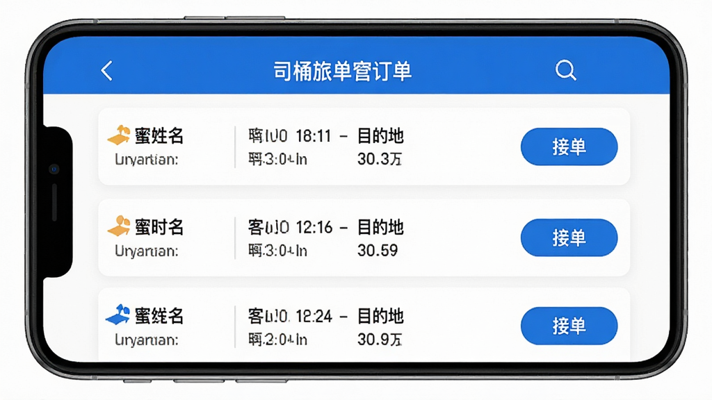 手机应用界面展示蜜柚旅行-司导订单管理页面,列表式布局,每条订单显示客户姓名、行程时间、目的地,右侧有接单按钮,配色以蓝白为主,风格清爽商务,画质清晰,干净无杂乱元素