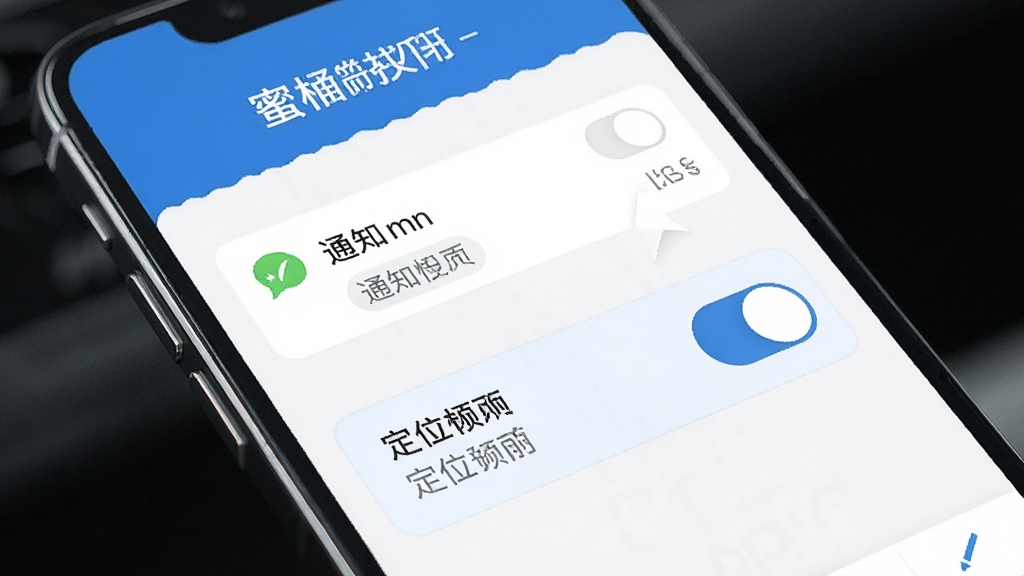 蜜柚旅行-司导应用在手机上的设置权限界面示意图,展示通知权限和定位权限开关,界面风格简洁,蓝白配色,画质清晰干净