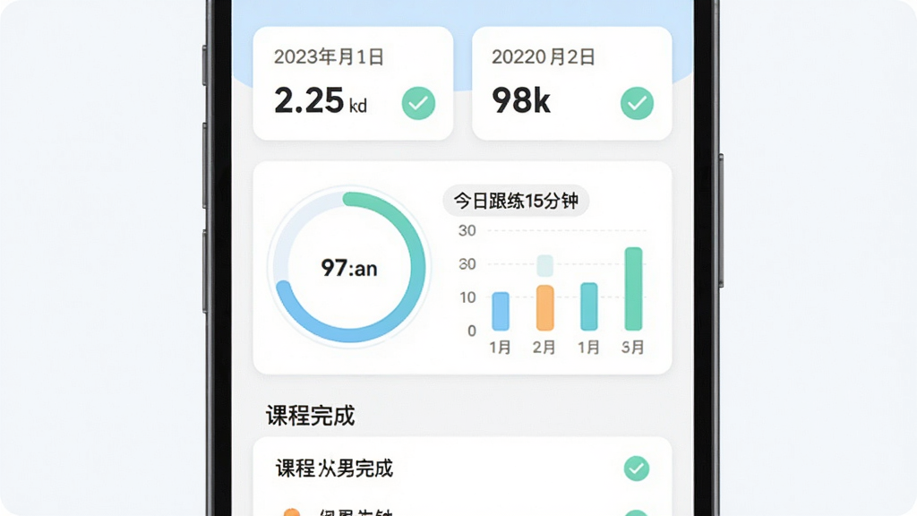画面主体为手机屏幕展示练习统计页面,环形进度图与柱状图并列,旁边有“今日跟练15分钟”字样;布局为上下结构,上方数据卡片,下方课程完成列表;排版清爽,留白充足;风格为浅色系数据可视化插画;细节包括日期标签、完成打勾图标;画质干净清晰,无多余元素