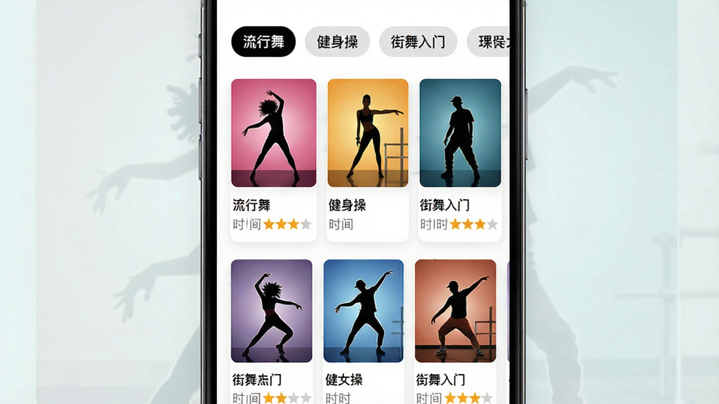 画面主体为手机界面中的课程列表页,卡片式排列多张舞蹈封面图,封面包含不同舞种的人物剪影与难度星级;布局为纵向滚动列表,顶部有分类标签栏;排版整齐,卡片间距均匀;风格为现代简约App界面插画;细节包括“流行舞”“健身操”“街舞入门”等分类标签、时长标识;画质清晰,画面干净,无多余元素