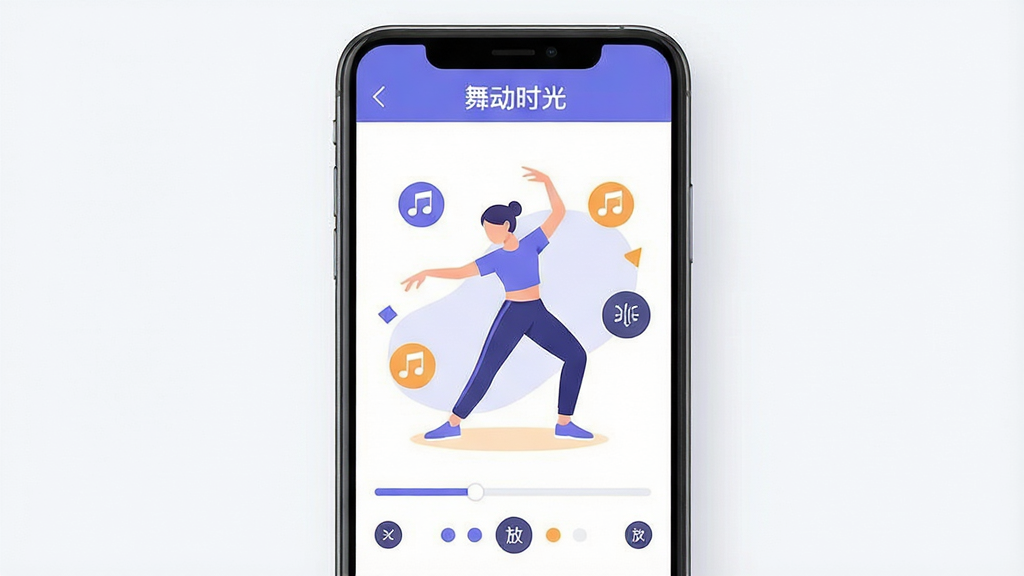 画面主体为一部竖屏智能手机,屏幕中央显示舞蹈教学界面,一位舞者做分解动作示范,周围环绕音乐节拍图标与镜像翻转按钮;布局采用居中构图,手机置于干净浅色背景中,左右两侧留白;排版简洁,顶部一行小字标题“舞动时光”;风格为清爽扁平化UI插画,配色以蓝紫与暖橙为主;细节包括进度条、慢放标识、节拍圆点;画质清晰锐利,画面干净,无多余元素