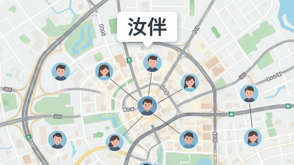 画面主体为一张城市地图俯视图,地图上分布多个圆形人物头像标记点,标记点之间用细线连接,地图上方悬浮“汝伴”字样标签,布局为地图占满画面中下部、标签居中偏上,风格为简约矢量插画,细节上地图道路清晰、头像图标圆润统一,画质高清,整体干净无多余元素