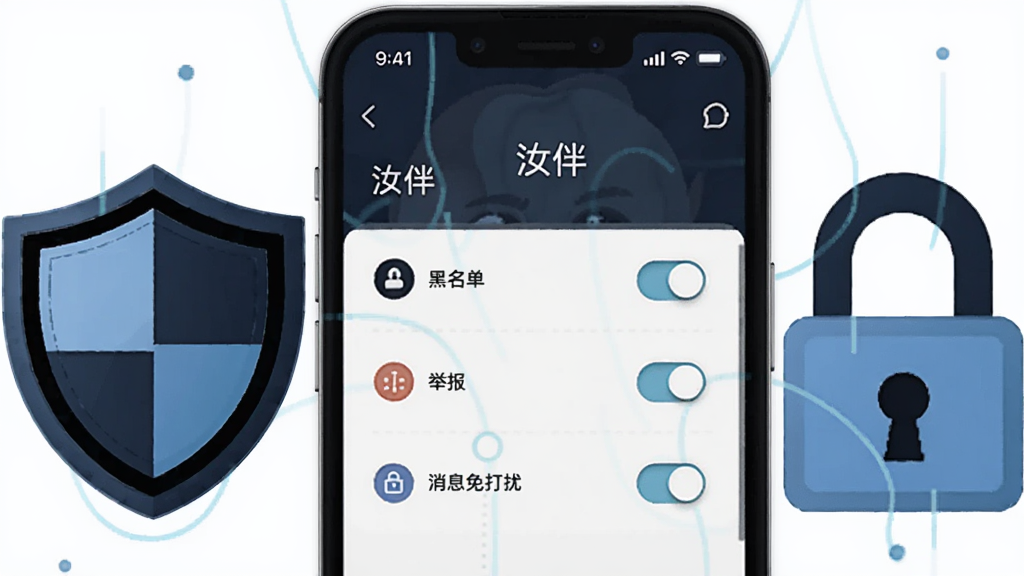 画面主体为一部手机屏幕特写,屏幕上显示“汝伴”隐私设置页面,包含黑名单、举报、消息免打扰等开关选项,手机旁边放置一个盾牌图标与锁形图标,布局为手机居中、图标分列两侧,风格为科技感扁平插画,细节上界面元素清晰、图标线条简洁,画质高清,整体干净无多余元素