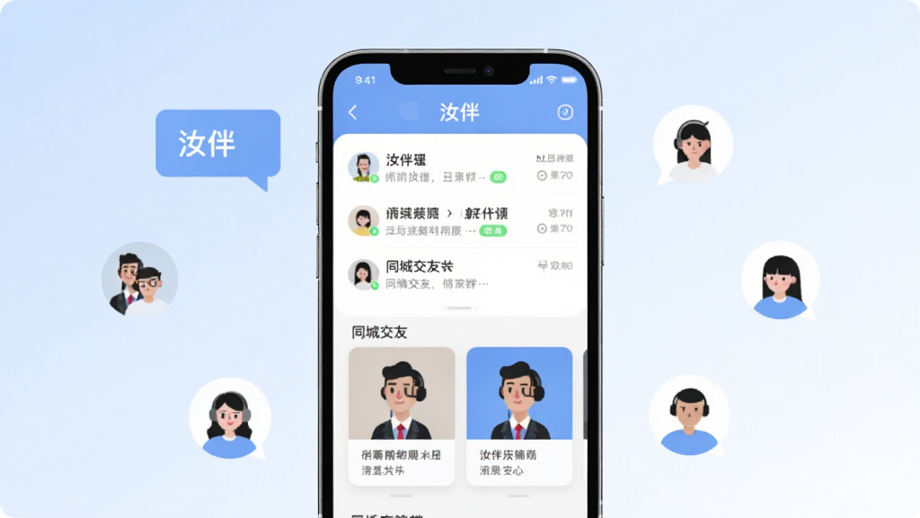 整体画面以一部竖屏智能手机为中心,屏幕上显示“汝伴”应用的主界面,包含聊天列表与同城交友卡片布局,手机周围环绕简约的对话气泡与人物头像图标,背景为浅蓝到白色的柔和渐变,排版居中对称,风格清新现代扁平化,细节干净无杂乱装饰,画质清晰锐利,整体干净整洁无多余元素