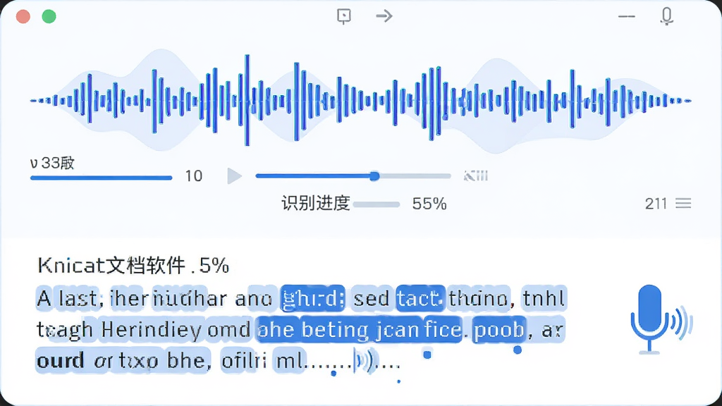 主体为录音转文档软件的语音识别界面,布局为上下结构上方显示声波可视化图形下方显示逐字浮现的文字内容,排版简洁居中,风格为清爽科技蓝配色扁平化插画,细节包括识别进度百分比、麦克风收音动画与文字高亮效果,画质高清干净无多余元素