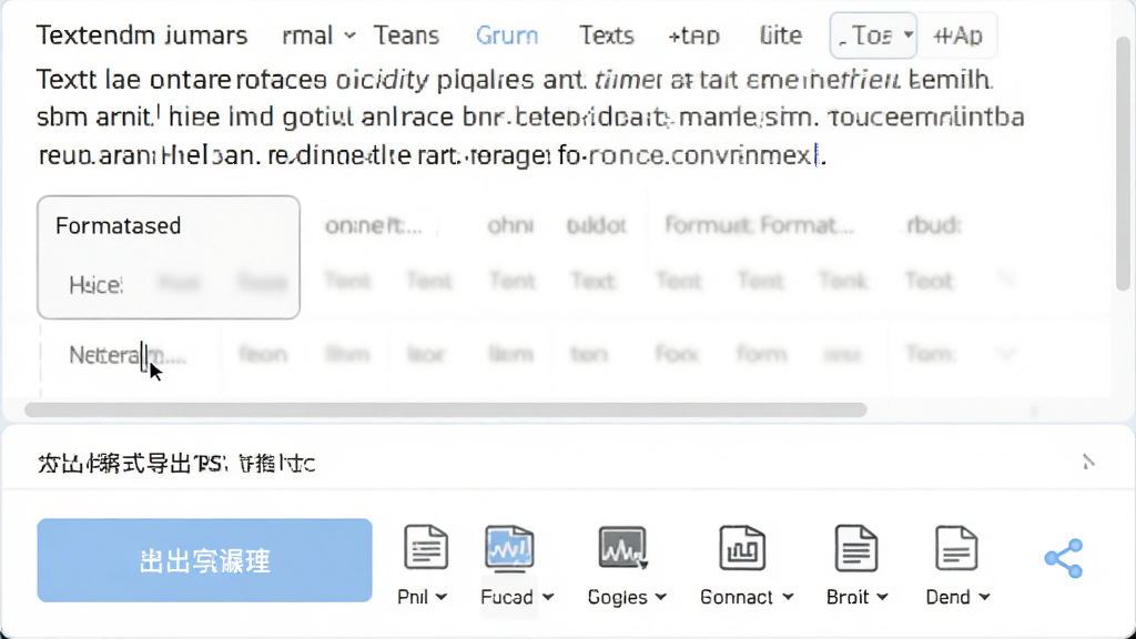 主体为录音转文档软件的文本编辑与导出界面,布局为上方文本编辑区下方导出格式选择栏,排版突出导出按钮与格式图标,风格为简约办公风格白色主调配淡蓝强调色,细节包括光标闪烁、格式选项列表与分享图标,画质高清干净无多余元素