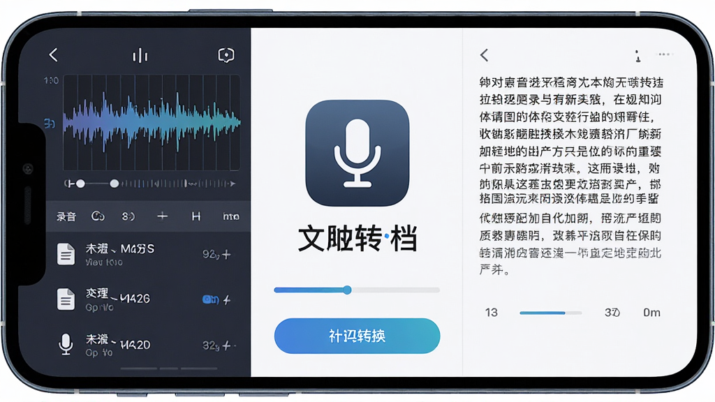 主体为一部智能手机屏幕显示录音转文档软件界面,左侧是波形图与录音列表,右侧是转换后的文字段落,布局为居中对称构图,排版清晰突出软件图标与名称文字,风格为现代科技感扁平化设计,细节包括麦克风图标、文档图标、进度条与转换按钮,画质高清干净无多余元素