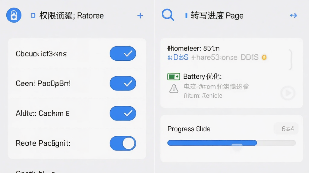 主体为录音转文档软件在手机上的权限设置与运行界面组合图,布局为左侧权限开关面板右侧转写进度页面,排版分栏对比展示,风格为清晰的信息图表风格浅灰背景配蓝色图标,细节包括权限勾选状态、电池优化提示与进度条动画,画质高清干净无多余元素