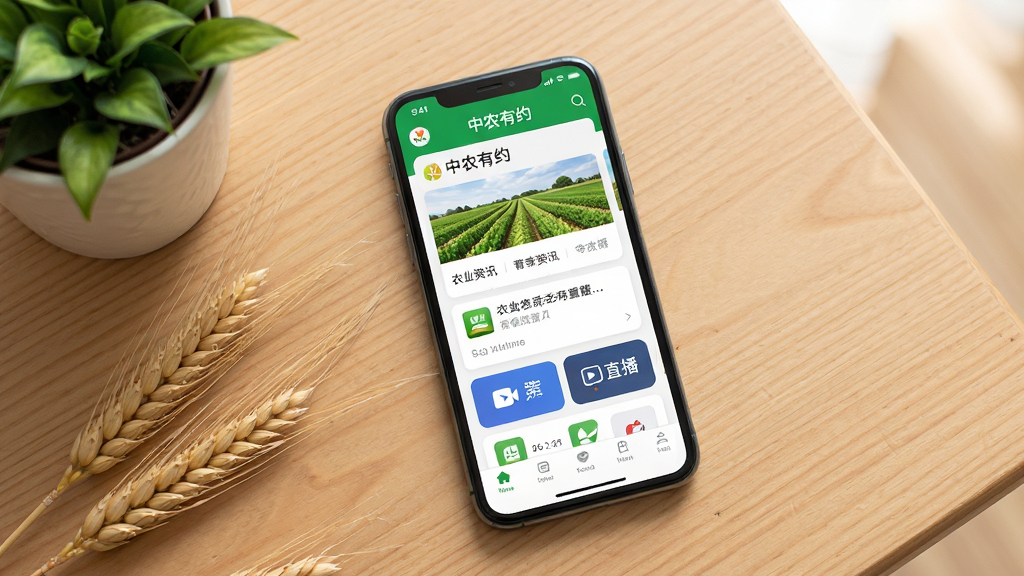 画面主体是一部智能手机,屏幕上展示中农有约软件的首页界面,包含农业资讯卡片和直播入口图标;手机斜放在一张木质桌面上,旁边摆放几穗小麦和一盆绿植;布局采用居中构图,手机占据画面视觉中心;排版清爽,上方留白;风格为写实摄影风,光线柔和自然;细节上屏幕内容清晰、图标规整、桌面纹理可见;画质高清、画面干净、无多余元素。