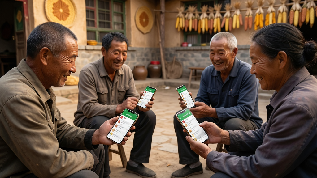 画面主体是几位农户围坐在农家院中,各自拿着手机浏览中农有约的社区交流页面,神情轻松;背景是院墙与晾晒的农作物;布局为环形围坐构图;风格为温暖生活摄影风;细节上手机屏幕显示社区帖子列表、人物衣着朴素自然;画质高清、画面干净、无多余元素。