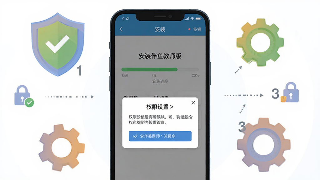 画面主体是手机安装伴鱼教师版的过程示意,屏幕显示安装进度条与权限设置弹窗;布局为手机居中、周围环绕盾牌与齿轮图标;排版简洁,步骤编号清晰;风格为扁平化操作指引插画,细节包含对勾、锁形图标与存储空间提示;画质高清、干净、无多余元素