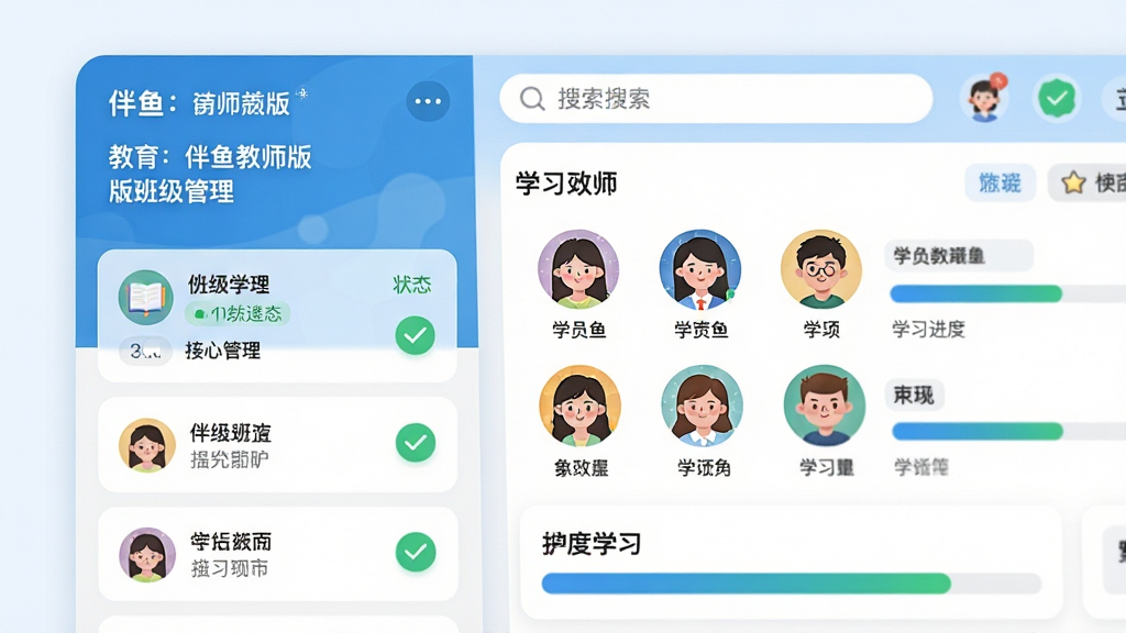 画面主体是伴鱼教师版班级管理界面特写,左侧为班级列表栏,右侧为学员头像网格与学习进度条;布局左右分栏、层次分明;排版上标题居左、数据卡片整齐排列;风格为现代教育类App界面插画,细节包含搜索框、状态标签与绿色对勾图标;画质高清、干净、无多余元素
