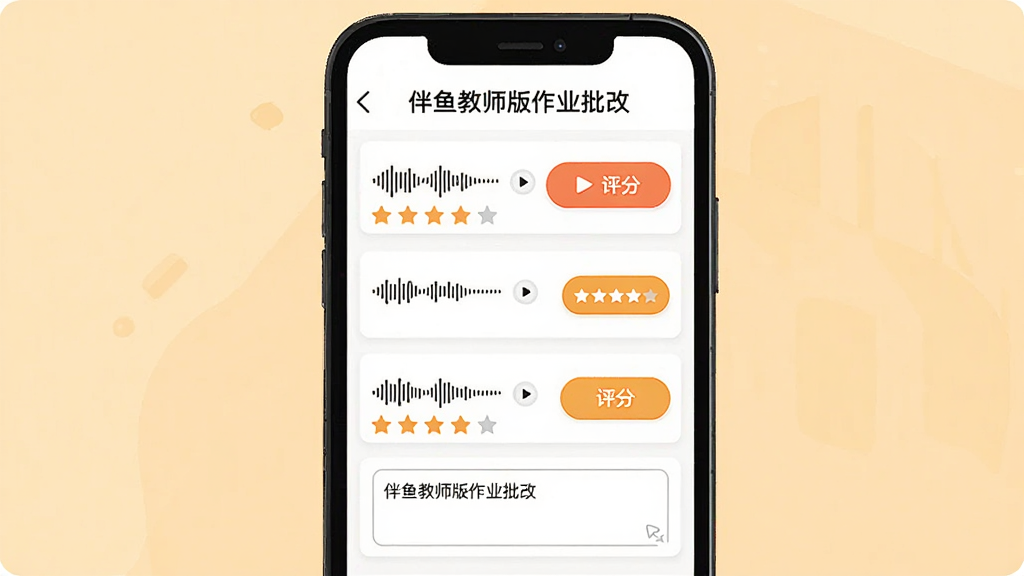 画面主体是伴鱼教师版作业批改页面,手机屏幕显示学生录音条目与评分按钮;布局为上下结构,上方是作业标题,下方是逐条批改列表;排版简洁,按钮醒目;风格为扁平化教学工具界面插画,细节包含播放波形、星级评分与评语输入框;画质高清、干净、无多余元素