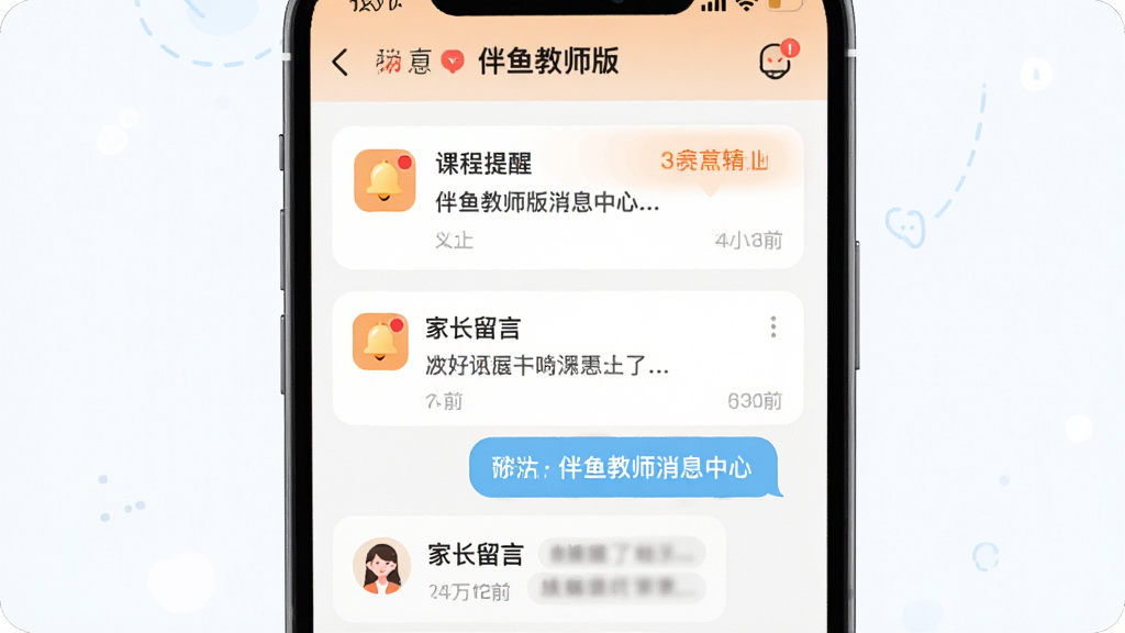 画面主体是伴鱼教师版消息中心界面,屏幕内展示课程提醒卡片与家长留言对话气泡;布局为纵向列表,卡片之间留白均匀;排版清晰,重点消息用橙色标记;风格为清新教育类App插画,细节包含铃铛图标、未读红点与时间戳;画质高清、干净、无多余元素