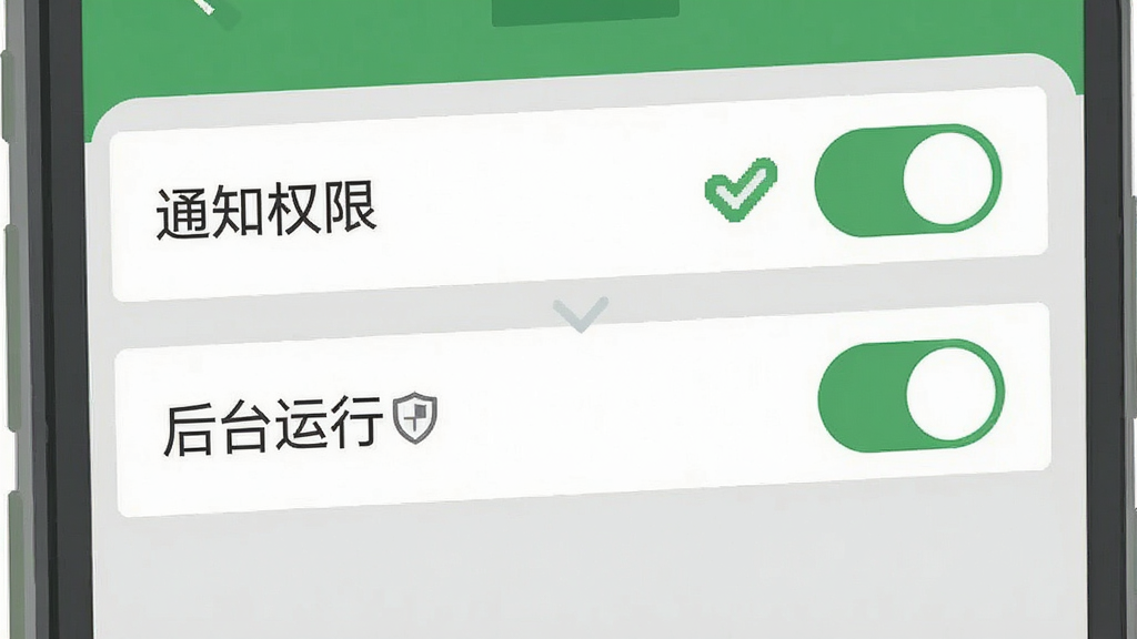 一张展示手机设置界面的示意图,画面中手机屏幕显示“通知权限”和“后台运行”开关处于开启状态,旁边有对勾标记和盾牌图标,风格扁平化信息图,配色以绿色和灰色为主,布局简洁明了,细节清晰,画质干净,无多余元素