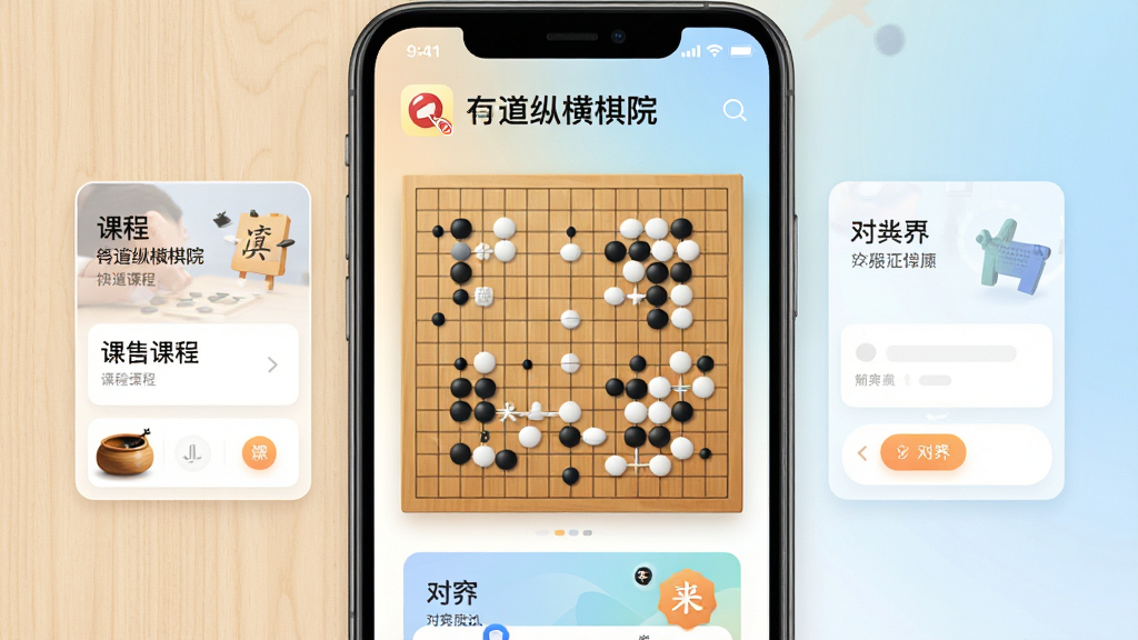 一张手机屏幕展示有道纵横棋院应用主界面,画面中央是围棋棋盘与棋子,周围环绕课程卡片和对弈入口,背景为浅木色与淡蓝色渐变,风格简洁现代,布局清晰,细节丰富,画质清晰干净,无多余元素