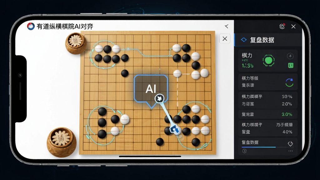 有道纵横棋院AI对弈界面,手机屏幕显示围棋棋盘与AI落子提示,侧边栏展示棋力等级与复盘数据面板,整体风格科技感与棋类文化融合,画面干净整洁,画质清晰