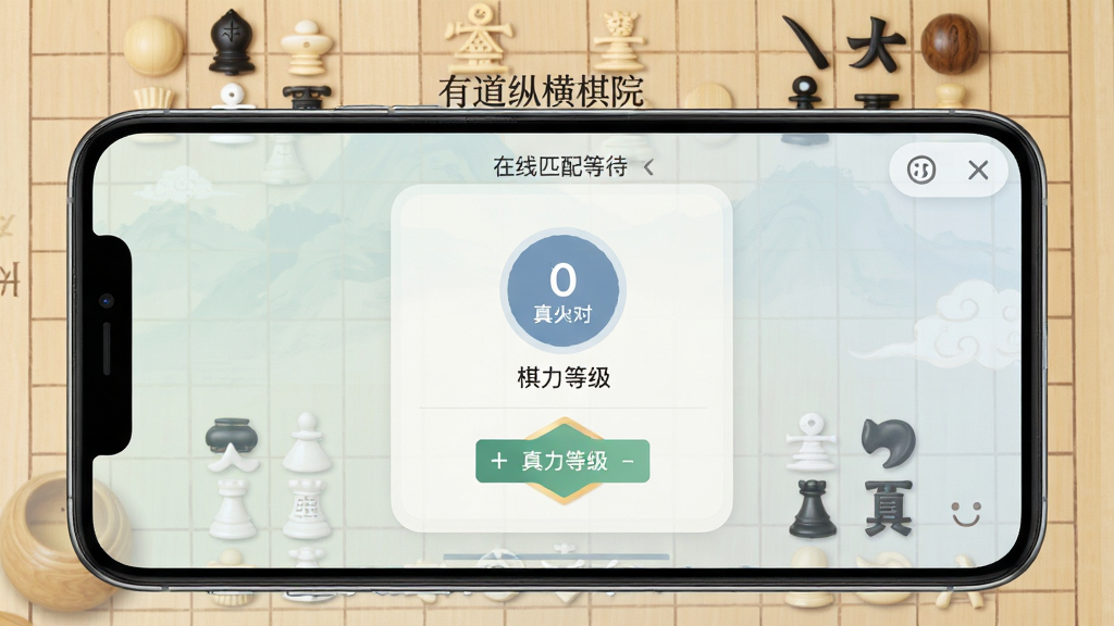 有道纵横棋院真人对弈匹配界面,手机屏幕展示在线匹配等待画面与棋力等级标识,背景为棋盘纹理与淡雅配色,风格友好亲和,布局对称,画质清晰干净
