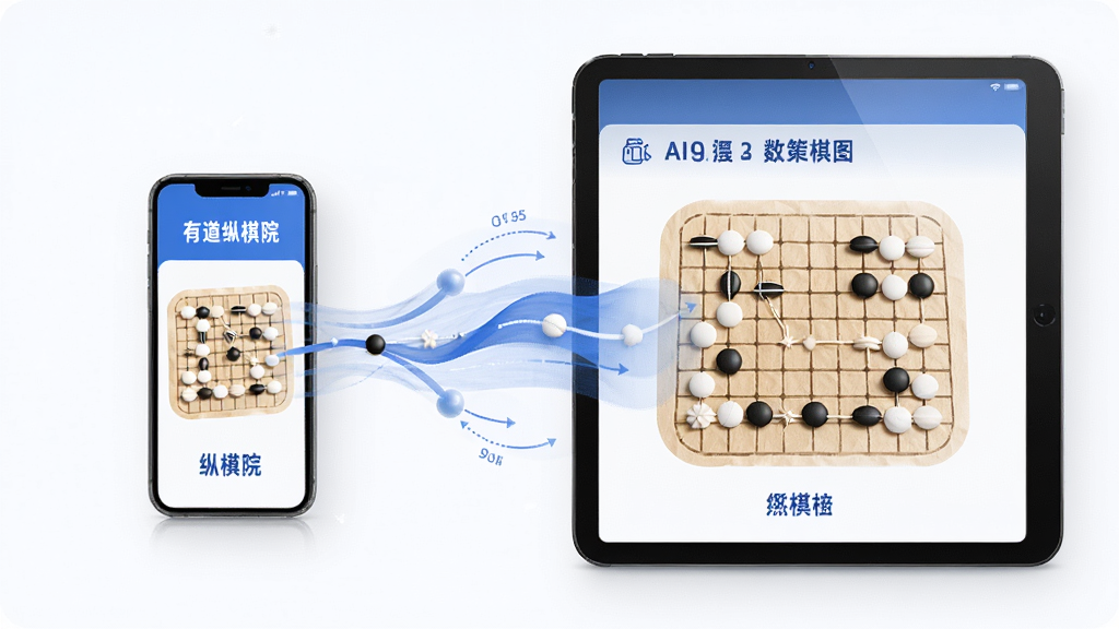 有道纵横棋院学习进度同步示意图,画面展示手机与平板设备之间数据流转的抽象图形,围棋元素点缀其中,风格简约商务,配色以蓝白为主,布局居中,画质清晰干净