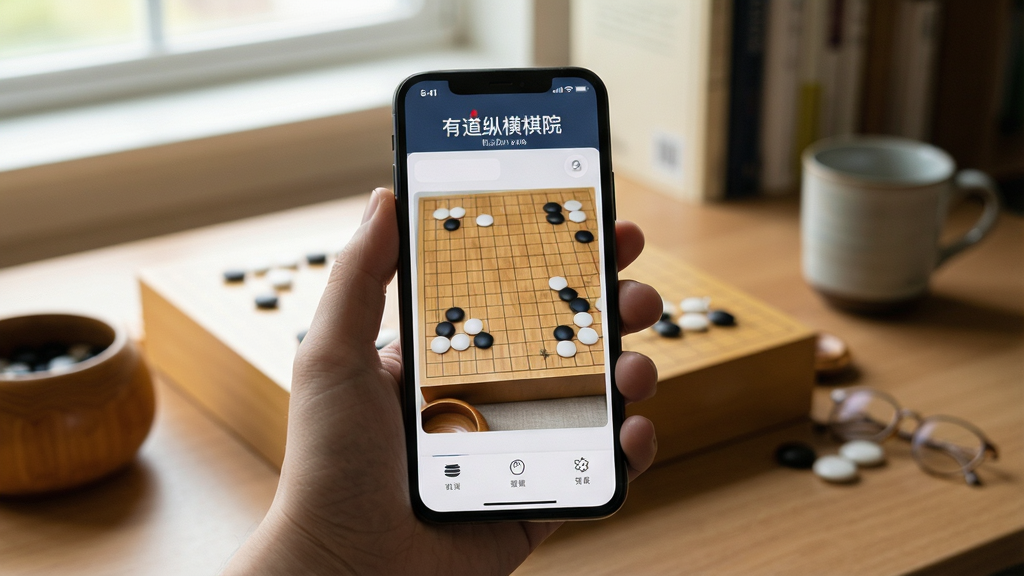 有道纵横棋院移动端使用场景图,画面为一只手握持手机展示对弈界面,背景为居家书桌环境,围棋棋盘与棋子细节清晰,风格写实自然,光线柔和,画质清晰干净