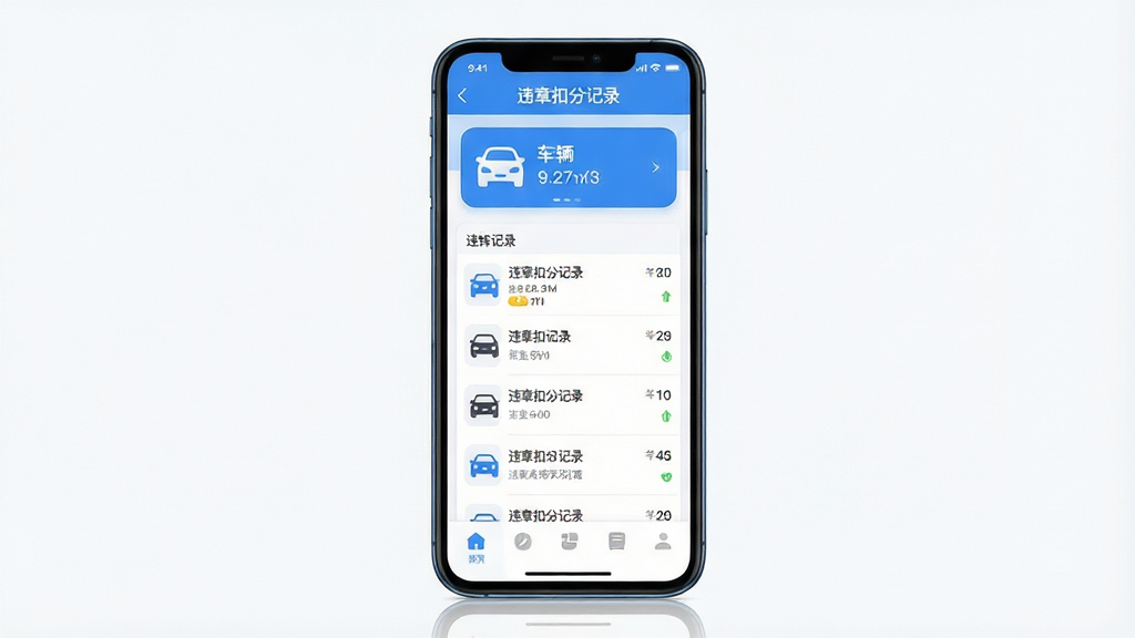 手机应用界面展示,画面中央是一部竖屏智能手机,屏幕上显示“违章扣分记录”软件的主页面,页面顶部有车辆信息卡片,中部为违章记录列表,底部为功能导航栏,整体布局清晰整洁,风格为现代简约扁平化设计,细节包括蓝色主题色、白色背景、图标圆润,画质高清,画面干净,无多余元素