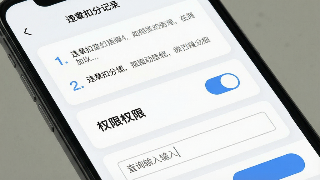 手机屏幕显示“违章扣分记录”软件的使用指南页面,画面中有步骤序号、权限开关示意图和查询输入框,整体排版为上下滚动式图文说明,风格为浅色系扁平设计,细节包括蓝色高亮按钮、灰色说明文字、白色卡片背景,画质清晰,画面干净,无多余元素