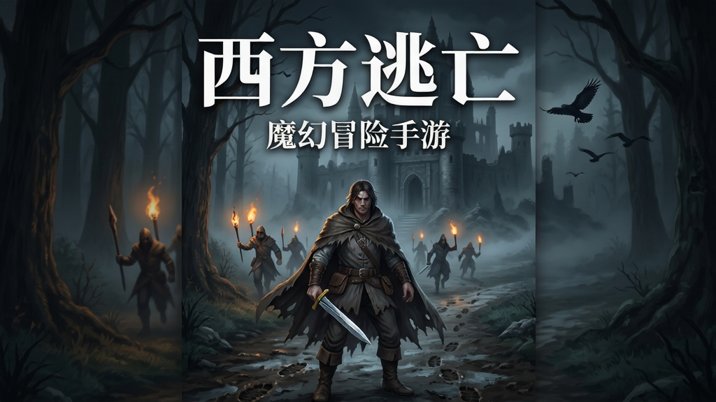 画面中央是一位身穿破旧斗篷的西方魔幻冒险者,手持短剑,站在幽暗森林的岔路口,身后是隐约可见的追兵火把光芒,前方是雾气弥漫的古堡废墟。整体采用暗黑魔幻风格,冷色调为主,局部暖色火光点缀。构图采用竖版手机游戏宣传图比例,人物居中偏下,上方留出标题空间,图片上方用大号白色衬线字体写“西方逃亡”,下方用小字写“魔幻冒险手游”。细节包括斗篷破损纹理、地面泥泞脚印、远处乌鸦飞过。画质高清,画面干净,无多余元素。