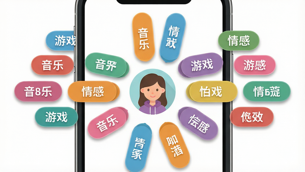 一张展示小鹿陪恋兴趣标签匹配界面的示意图,画面主体为手机屏幕内排列整齐的彩色标签云,标签包含音乐、游戏、情感等文字,布局上标签围绕中央的用户头像呈放射状分布,风格为清新明快的扁平设计,细节包括标签的圆角矩形轮廓与柔和阴影,画质清晰,画面干净,无多余元素