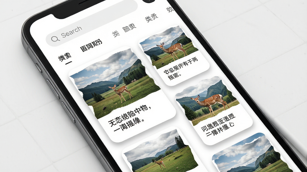 一张展示小鹿陪恋动态社区界面的效果图,画面主体为手机屏幕内呈现瀑布流图文卡片,卡片包含风景照与文字短句,布局上卡片错落排列,顶部有搜索栏与分类标签,风格为现代简约的杂志排版风,细节包括卡片的圆角设计与轻微投影,画质细腻,画面干净,无多余元素