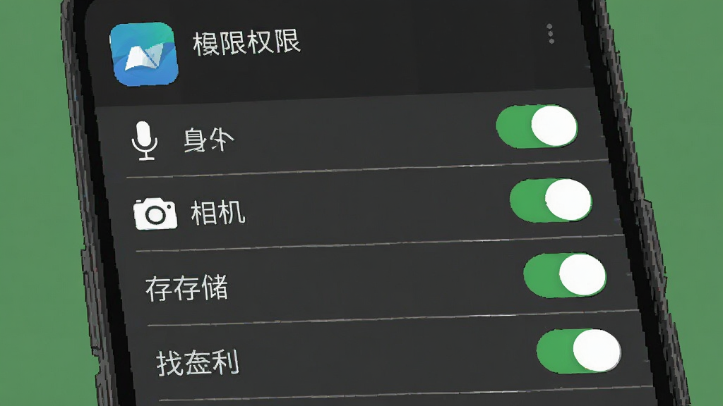 一张展示手机应用权限设置界面的示意图,画面主体为手机屏幕内显示权限管理列表,包含麦克风、相机、存储等开关选项,布局上列表垂直排列,顶部有应用图标与名称,风格为简洁的系统设置风,细节包括开关的绿色高亮状态与列表分割线,画质清晰,画面干净,无多余元素