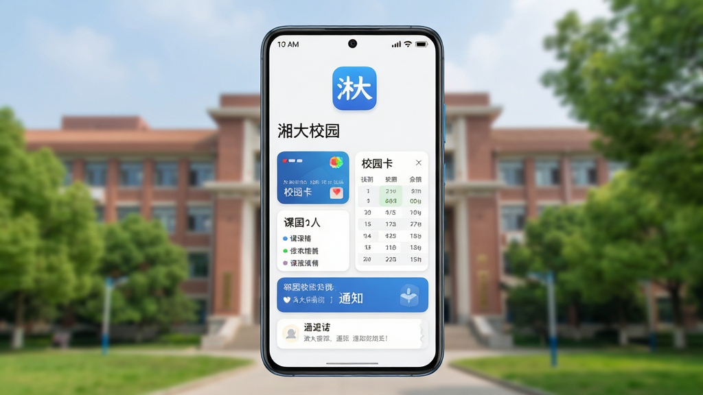 主体为一部竖屏安卓手机,屏幕中央显示“湘大校园”App首页界面,包含校园卡余额、课表卡片与通知横幅;布局为手机居中、背景虚化的大学校园教学楼与绿树;排版简洁,顶部留白放置应用图标;风格为清爽写实的UI展示风;细节包含蓝色主色调、圆角卡片、状态栏时间与信号图标;画质高清,画面干净,无多余元素